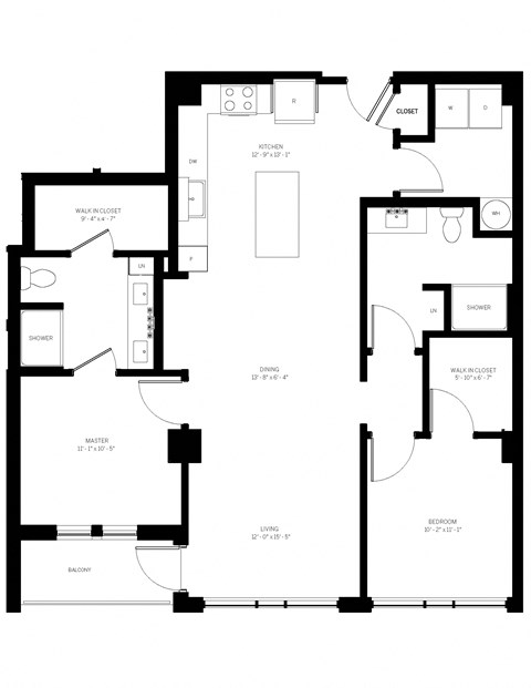 Floor plan for 2 beds, 2 baths, 1157 sqft